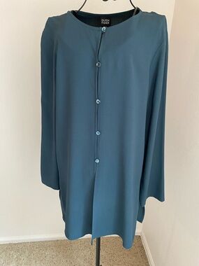 Eileen Fisher Teal Button-Front Lightweight Silk Shirt Jacket